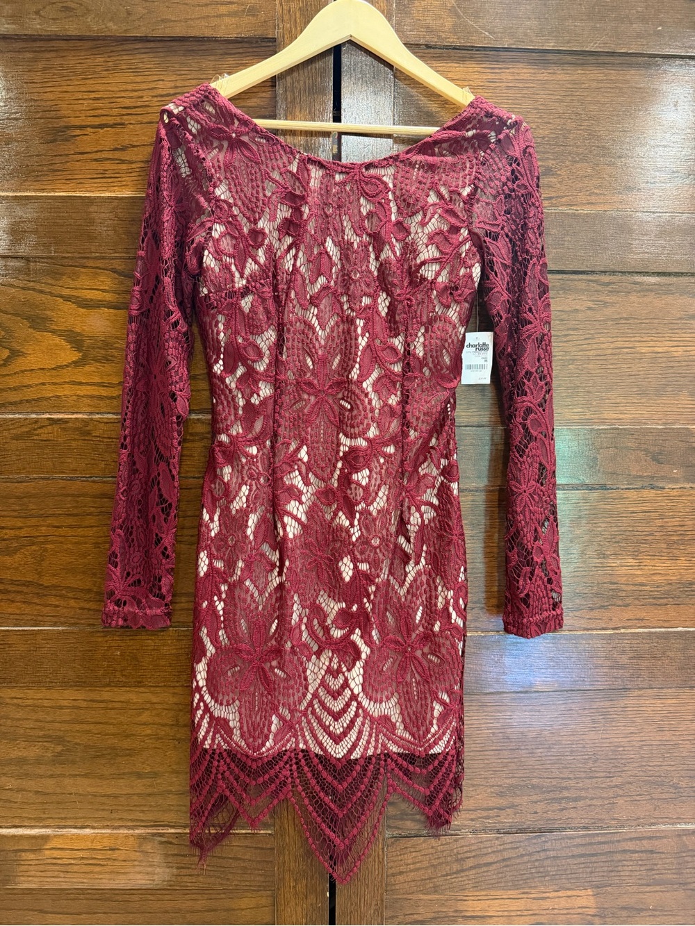 NWT Charlotte Russe medium Wine Red Long-Sleeve Lace mini Dress lined scoop back
